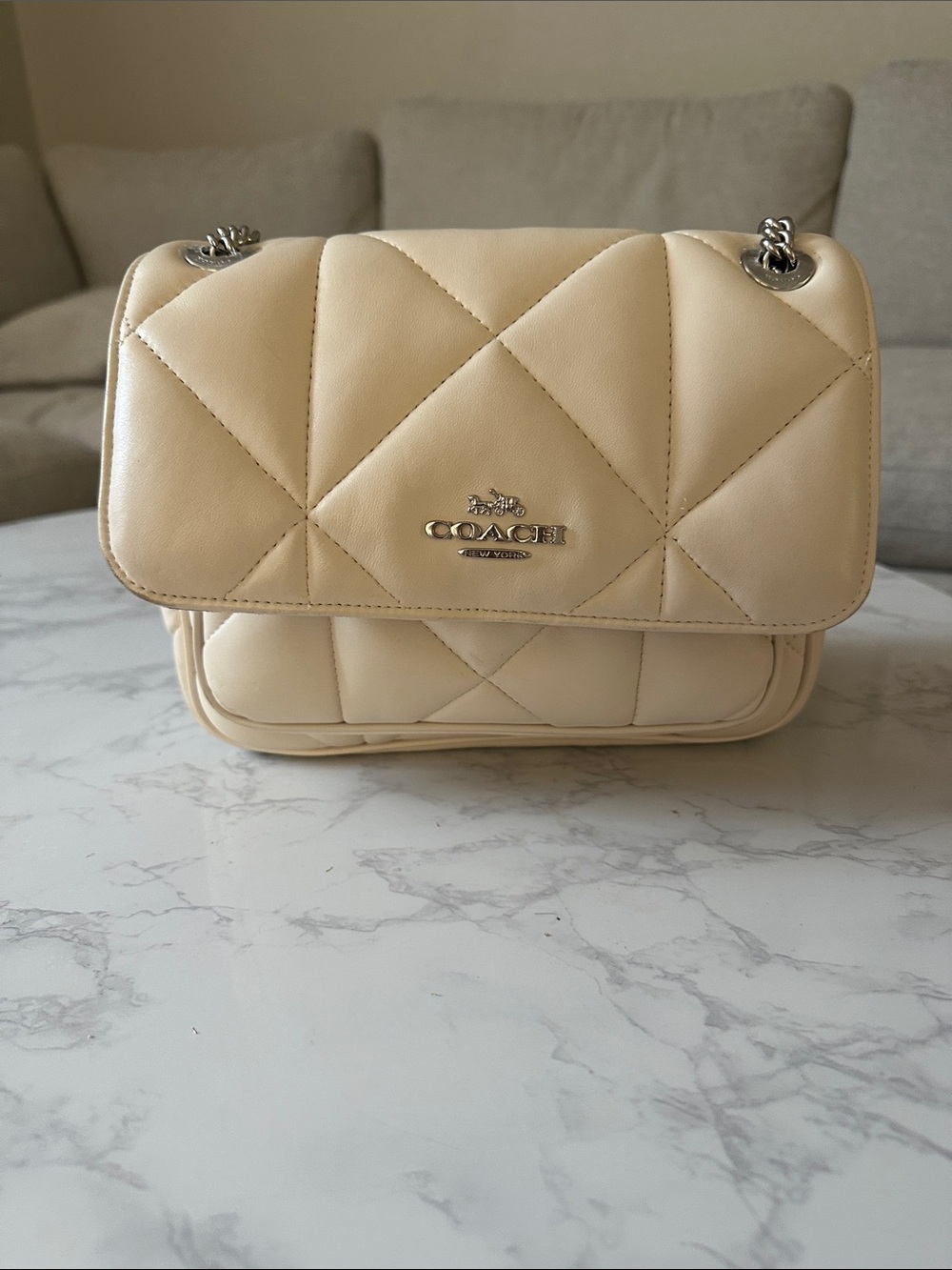 Coach Quilted Shoulder Bag in Cream Leather with Silver Hardware